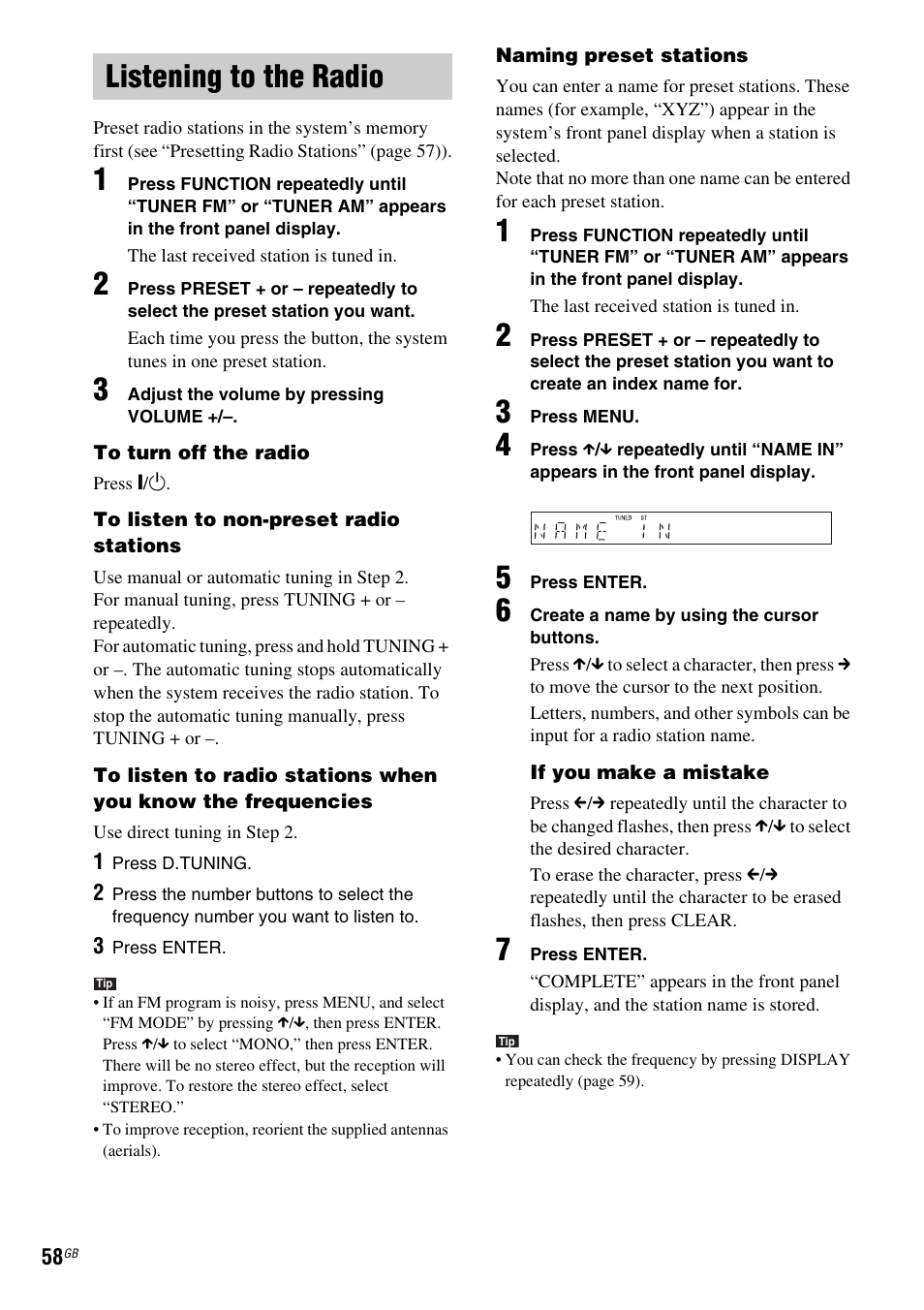 Listening to the radio | Sony DX315 User Manual | Page 58 / 100