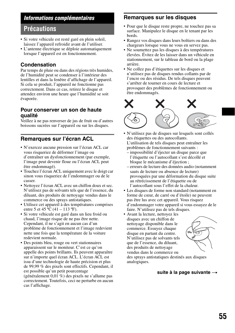 Informations complémentaires, Précautions, Remarques sur l’écran acl | Remarques sur les disques | Sony XAV-W1 User Manual | Page 115 / 196