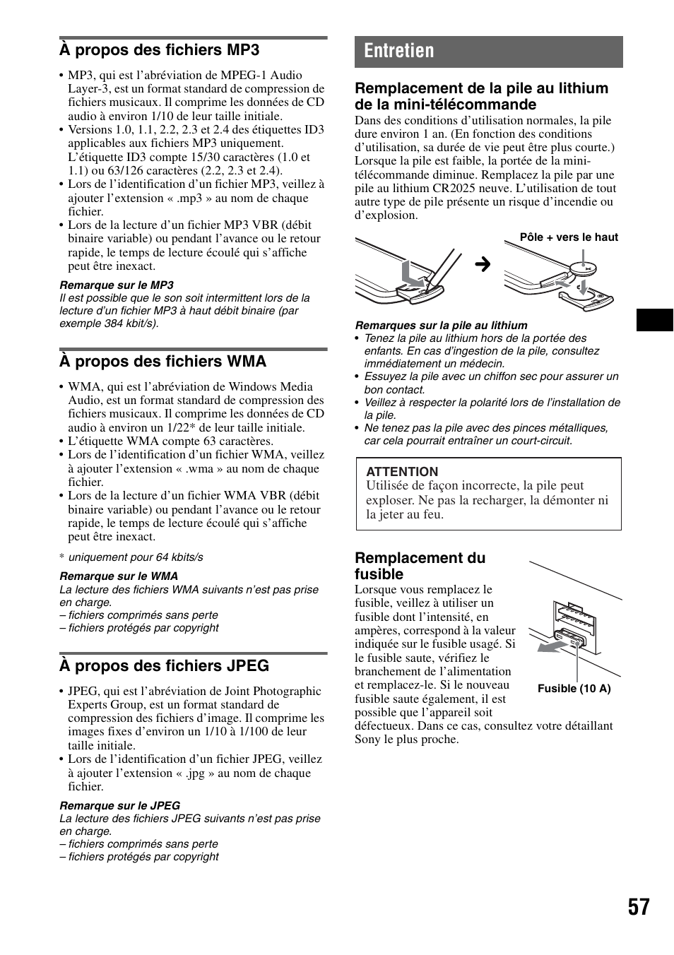 À propos des fichiers mp3, À propos des fichiers wma, À propos des fichiers jpeg | Entretien | Sony XAV-W1 User Manual | Page 117 / 196