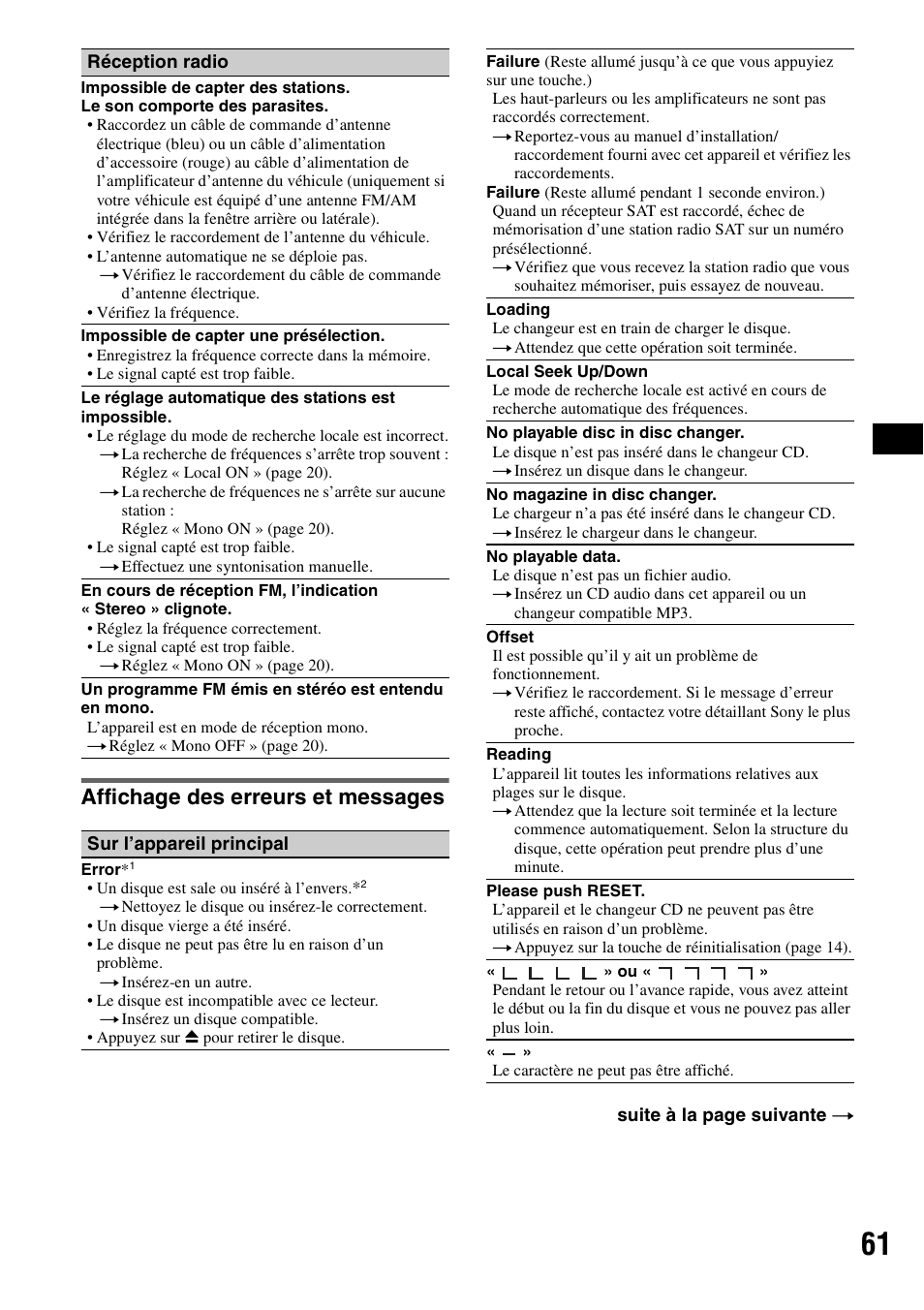 Affichage des erreurs et messages | Sony XAV-W1 User Manual | Page 121 / 196
