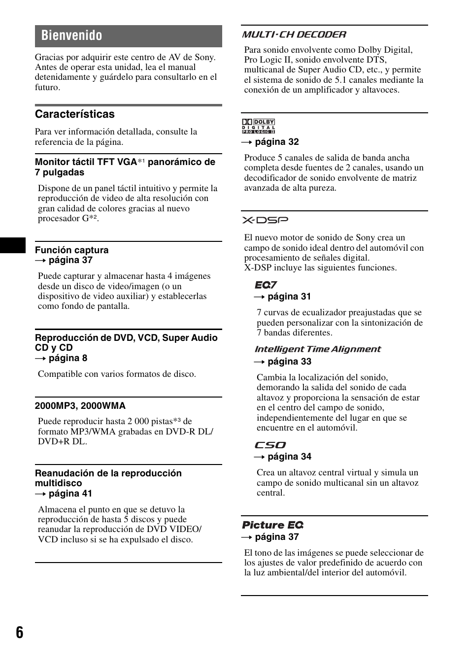 Bienvenido, Características | Sony XAV-W1 User Manual | Page 132 / 196