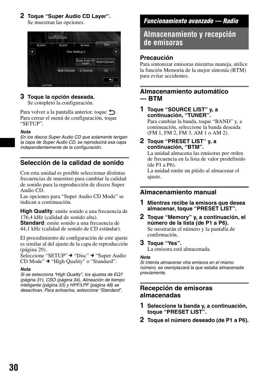 Selección de la calidad de sonido, Funcionamiento avanzado - radio, Almacenamiento y recepción de emisoras | Almacenamiento automático - btm, Almacenamiento manual, Recepción de emisoras almacenadas, Funcionamiento avanzado — radio | Sony XAV-W1 User Manual | Page 156 / 196