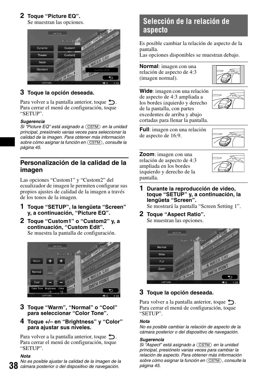 Personalización de la calidad de la imagen, Selección de la relación de aspecto, Personalización de la calidad de la | Imagen | Sony XAV-W1 User Manual | Page 164 / 196