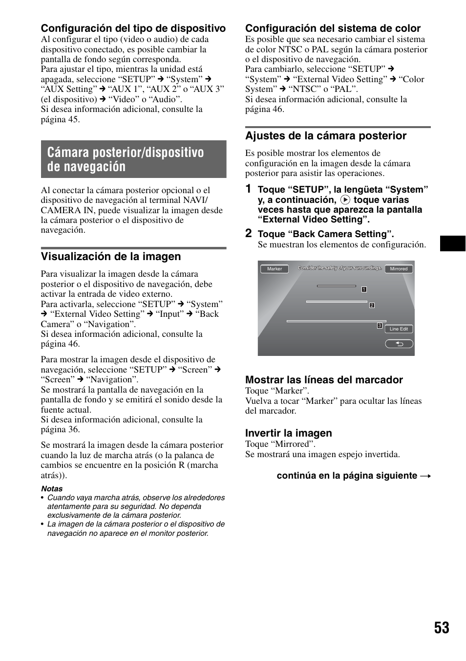 Cámara posterior/dispositivo de navegación, Visualización de la imagen, Ajustes de la cámara posterior | Cámara posterior/dispositivo de, Navegación | Sony XAV-W1 User Manual | Page 179 / 196