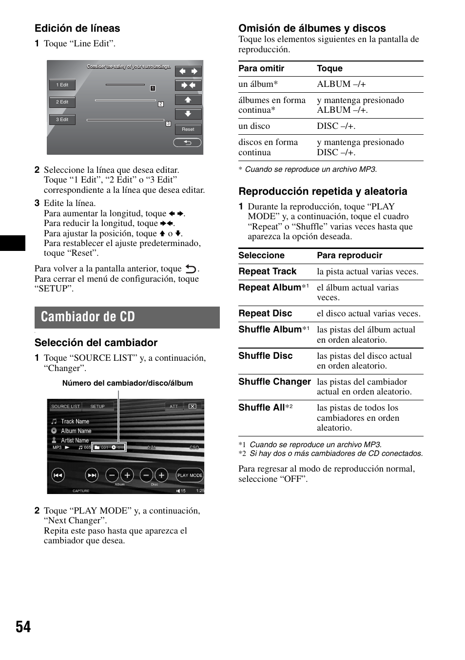 Cambiador de cd, Edición de líneas, Selección del cambiador | Omisión de álbumes y discos, Reproducción repetida y aleatoria | Sony XAV-W1 User Manual | Page 180 / 196