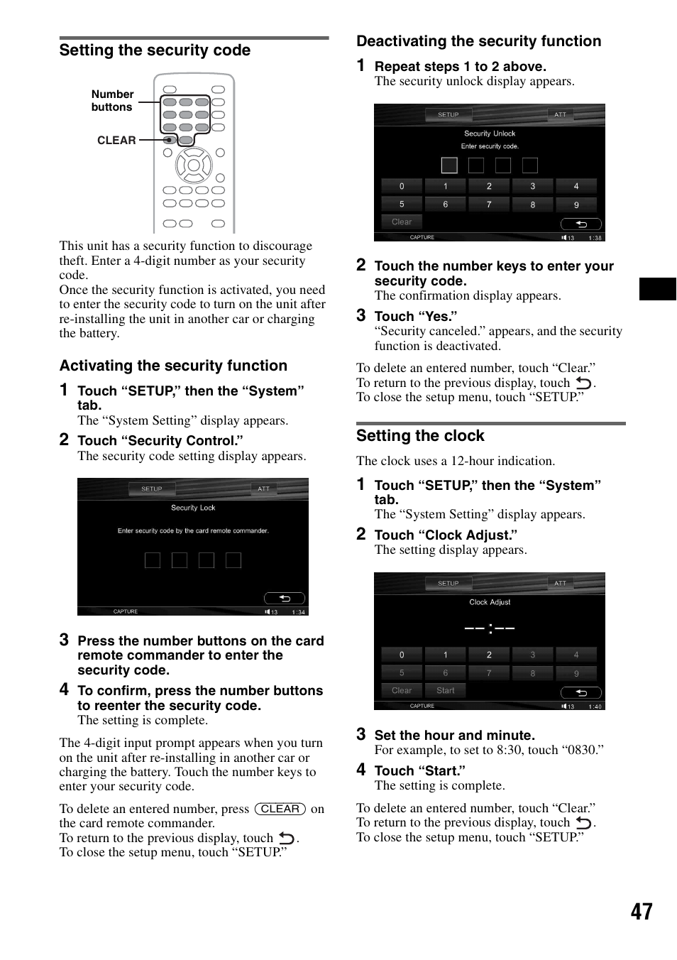 Setting the security code, Setting the clock, Setting the security code setting the clock | Sony XAV-W1 User Manual | Page 47 / 196