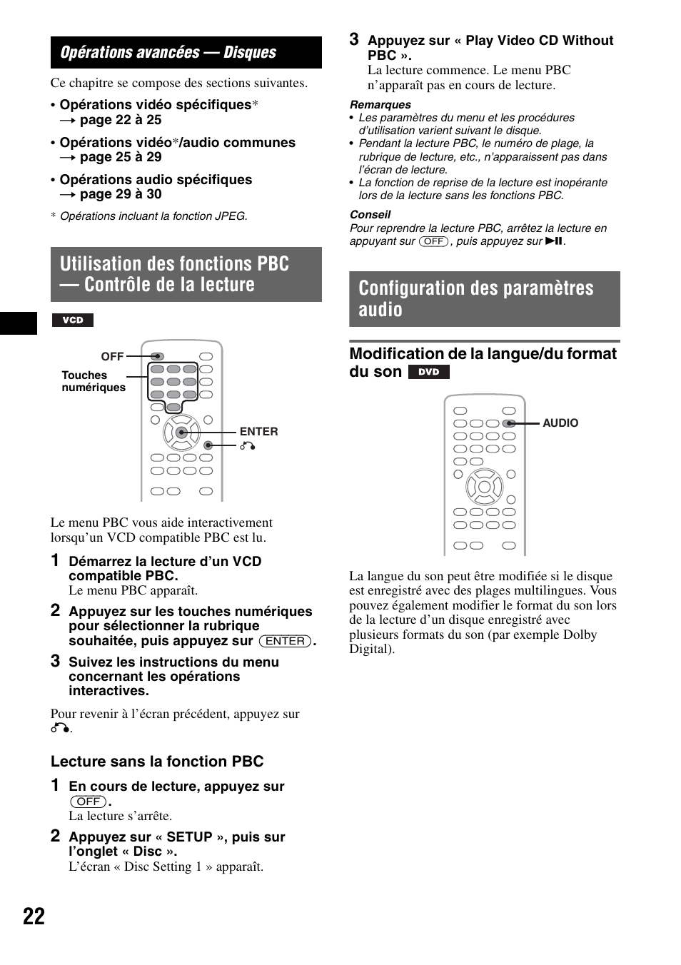 Opérations avancées - disques, Configuration des paramètres audio, Modification de la langue/du format du son | Opérations avancées — disques, Utilisation des fonctions pbc, Contrôle de la lecture, Modification de la langue/du format, Du son | Sony XAV-W1 User Manual | Page 82 / 196