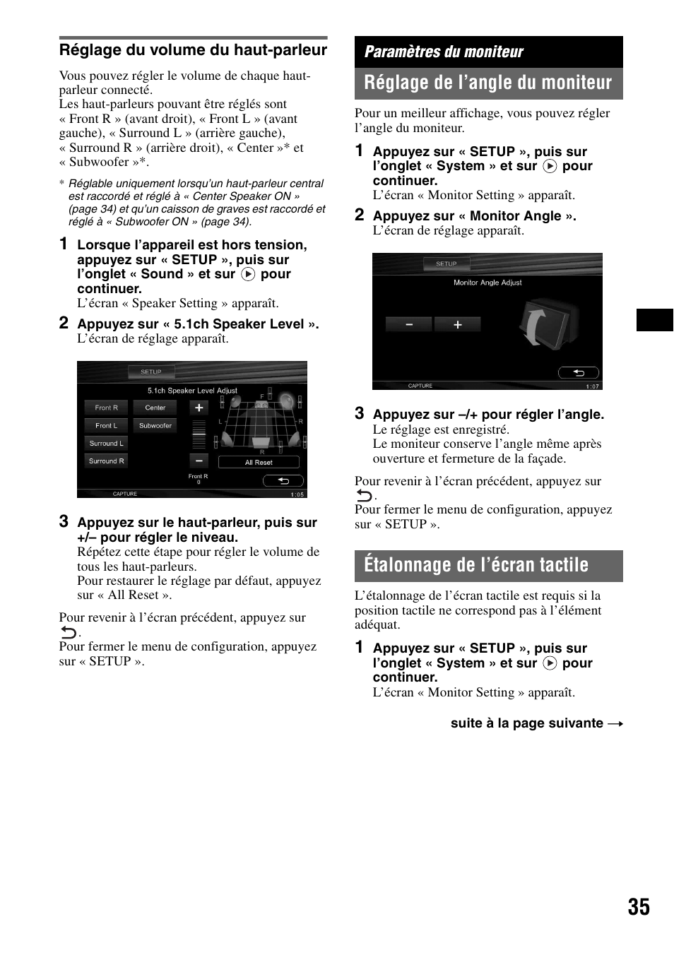 Réglage du volume du haut-parleur, Paramètres du moniteur, Réglage de l’angle du moniteur | Étalonnage de l’écran tactile | Sony XAV-W1 User Manual | Page 95 / 196