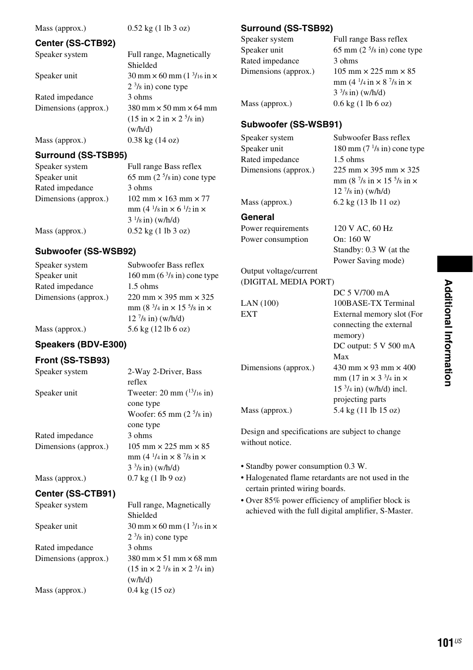 Ad ditio n al inf o rm at ion | Sony BDV-T10 User Manual | Page 101 / 119