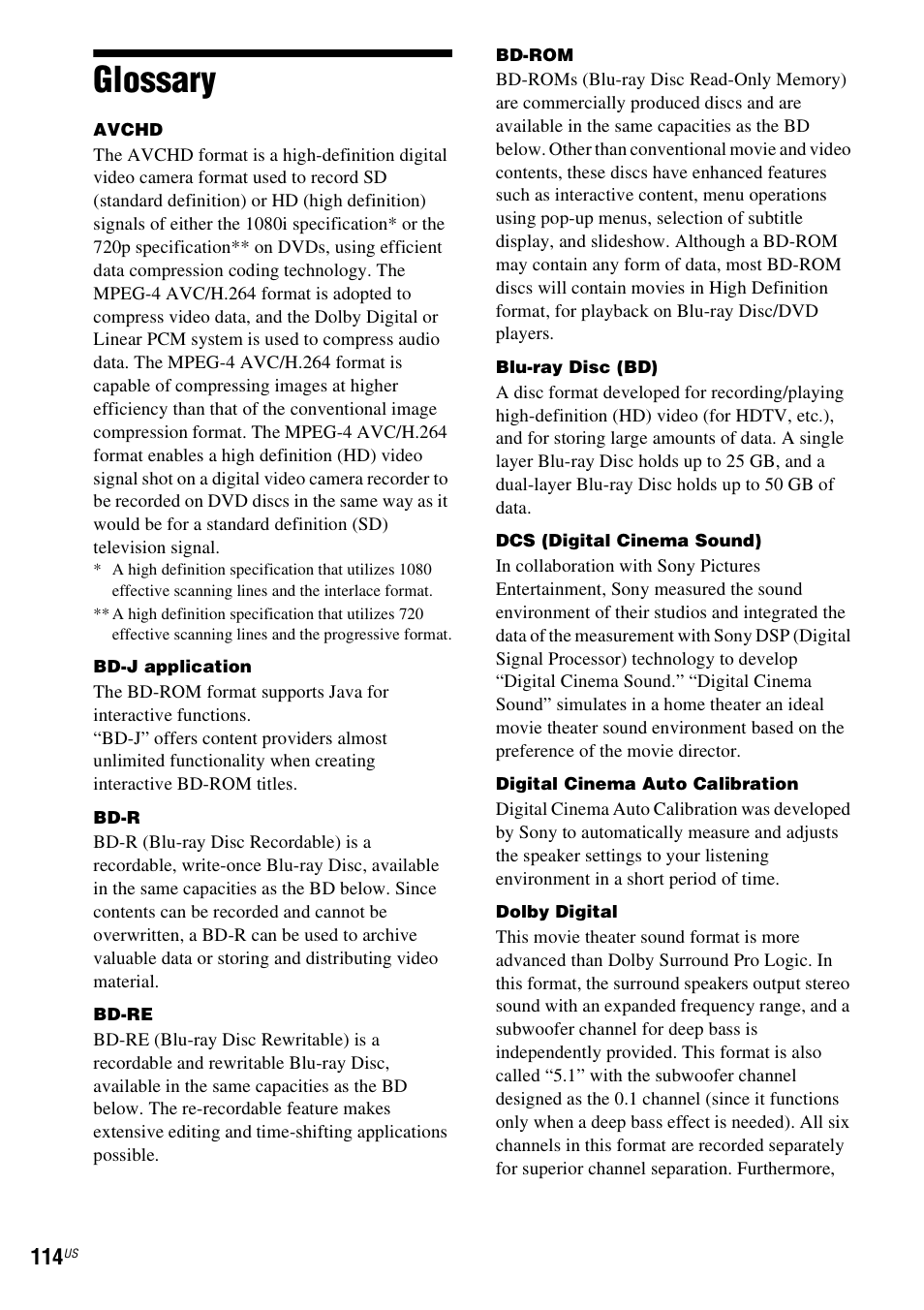 Glossary | Sony BDV-T10 User Manual | Page 114 / 119
