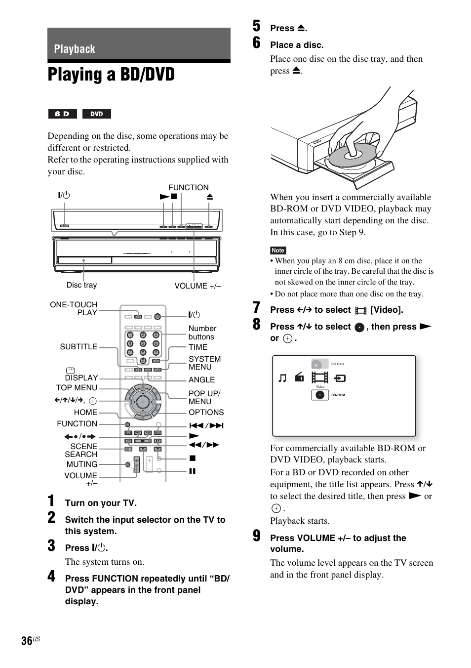 Playback, Playing a bd/dvd, Es 36 | E 36), E 36 | Sony BDV-T10 User Manual | Page 36 / 119