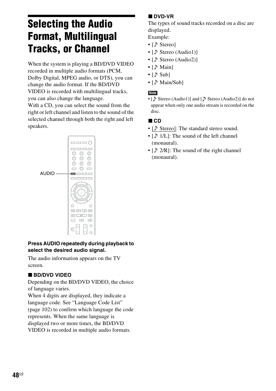 Selecting the audio format, multilingual, Tracks, or channel, Es 48 | The audio information appears on the tv screen | Sony BDV-T10 User Manual | Page 48 / 119