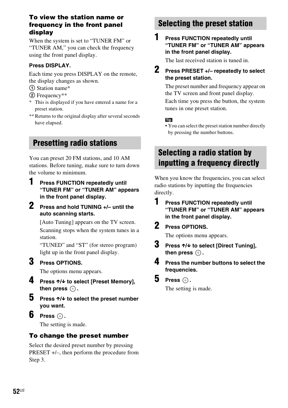 Presetting radio stations, Selecting the preset station | Sony BDV-T10 User Manual | Page 52 / 119