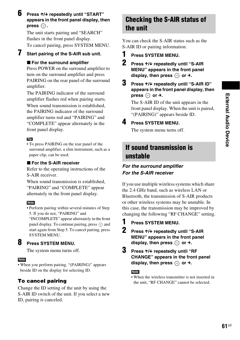 Checking the s-air status of the unit, If sound transmission is unstable | Sony BDV-T10 User Manual | Page 61 / 119