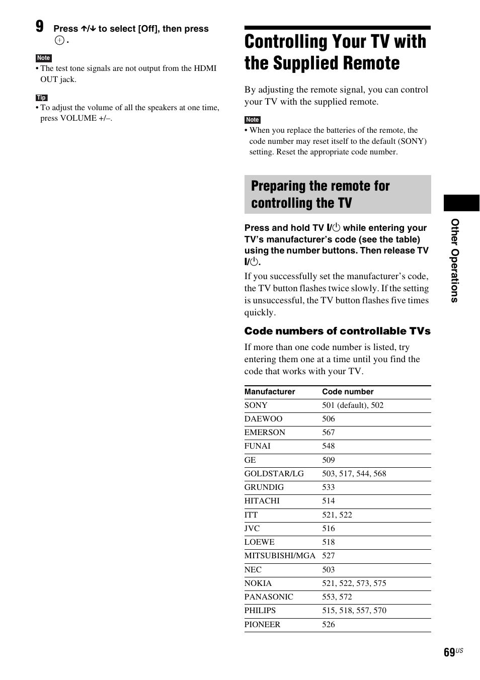 Controlling your tv with the supplied remote, Preparing the remote for controlling the tv, Controlling your tv with the supplied | Remote, E 69), Es 69 | Sony BDV-T10 User Manual | Page 69 / 119