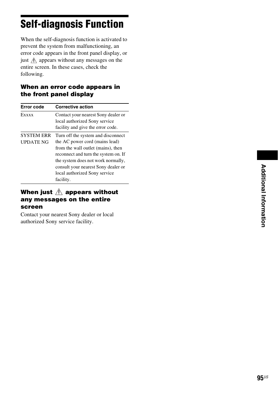 Self-diagnosis function | Sony BDV-T10 User Manual | Page 95 / 119
