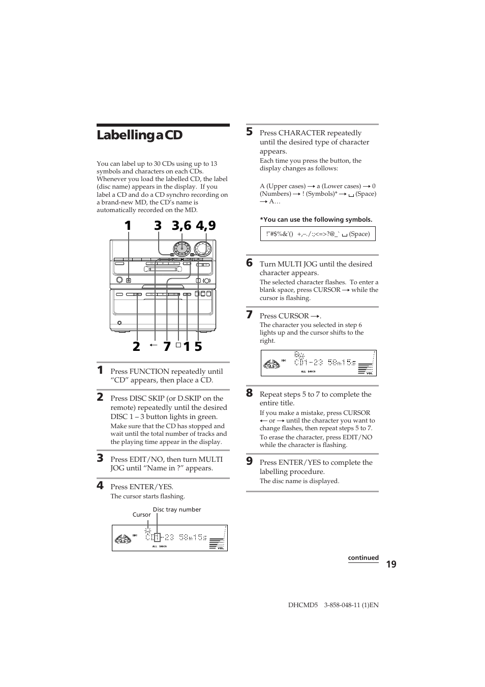 Labelling a cd | Sony DHC-MD5 User Manual | Page 19 / 46