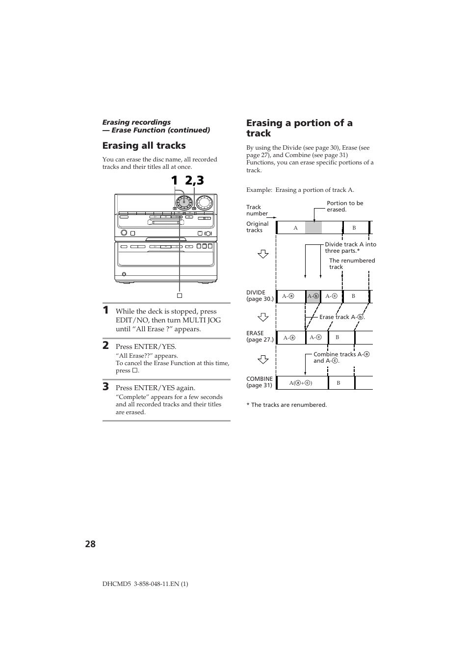 Erasing a portion of a track, Erasing all tracks | Sony DHC-MD5 User Manual | Page 28 / 46