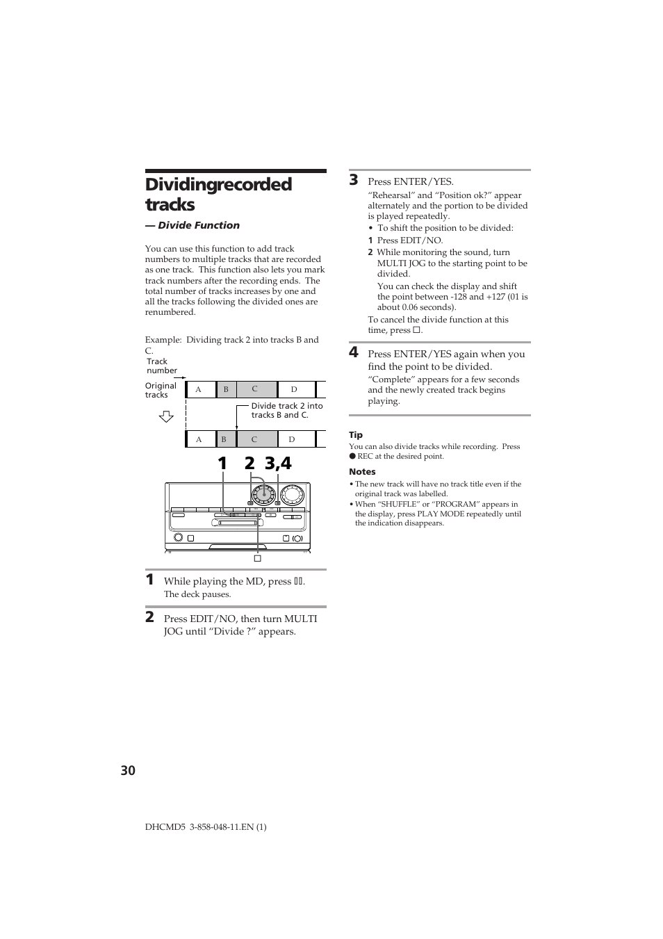Dividing recorded tracks | Sony DHC-MD5 User Manual | Page 30 / 46