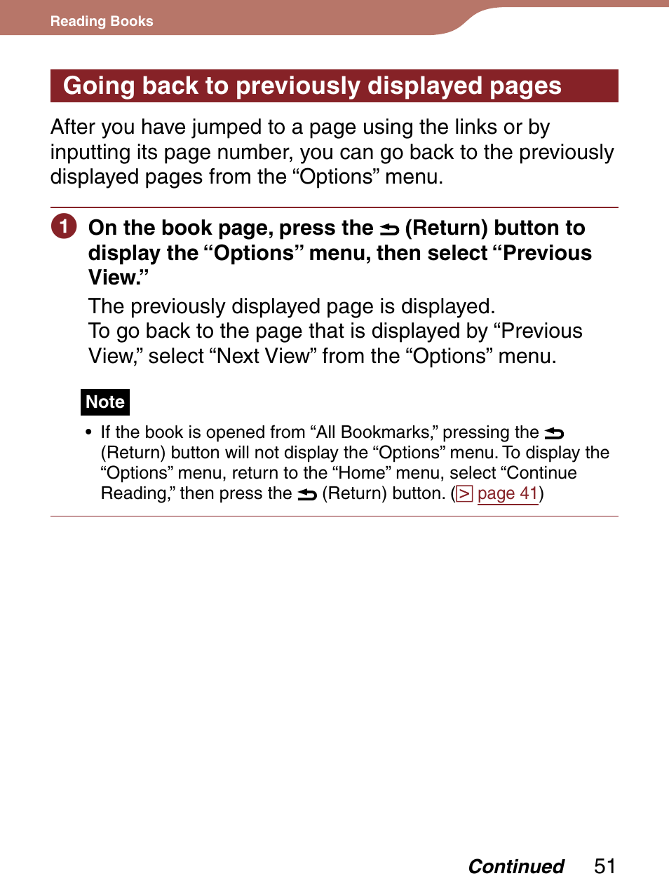 Going back to previously displayed pages | Sony Reader 4-151-151-13(1) User Manual | Page 51 / 92