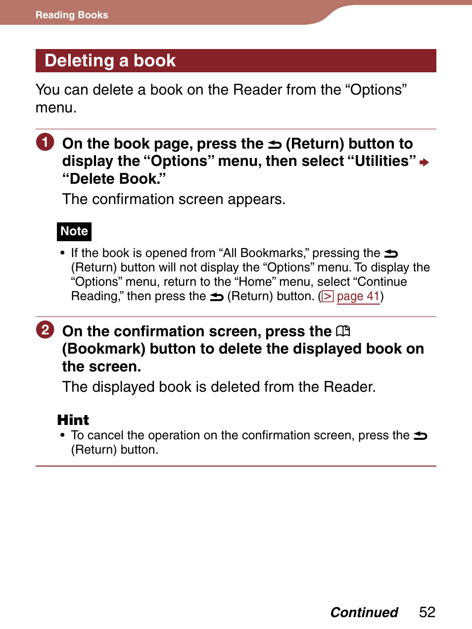 Deleting a book, Deletes the book | Sony Reader 4-151-151-13(1) User Manual | Page 52 / 92