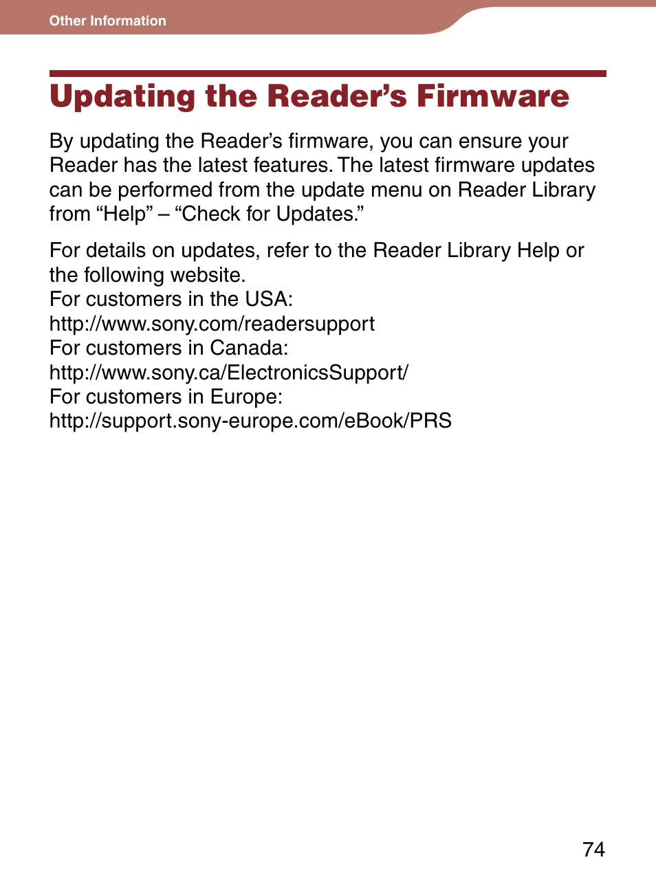 Other information, Updating the reader’s firmware | Sony Reader 4-151-151-13(1) User Manual | Page 74 / 92