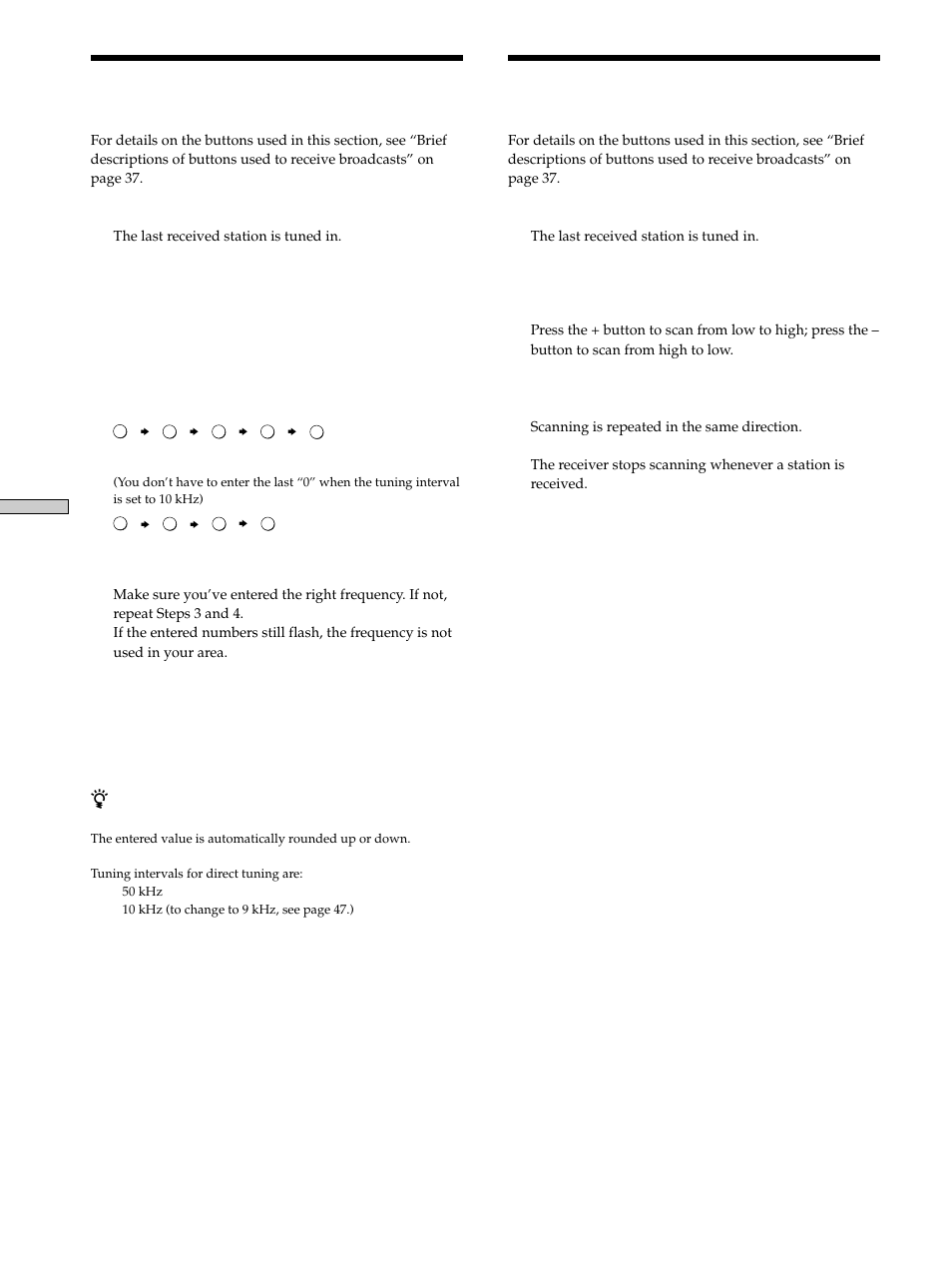 Direct tuning 38 automatic tuning 38, Direct tuning, Automatic tuning | Sony STR-K502 User Manual | Page 38 / 59