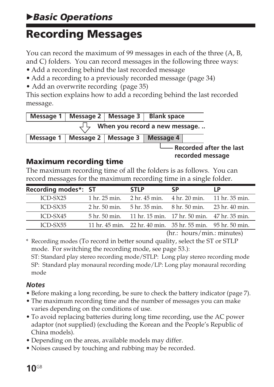 Basic operations, Recording messages, Maximum recording time | Message, recording, Bbasic operations | Sony ICD-SX55 User Manual | Page 10 / 68