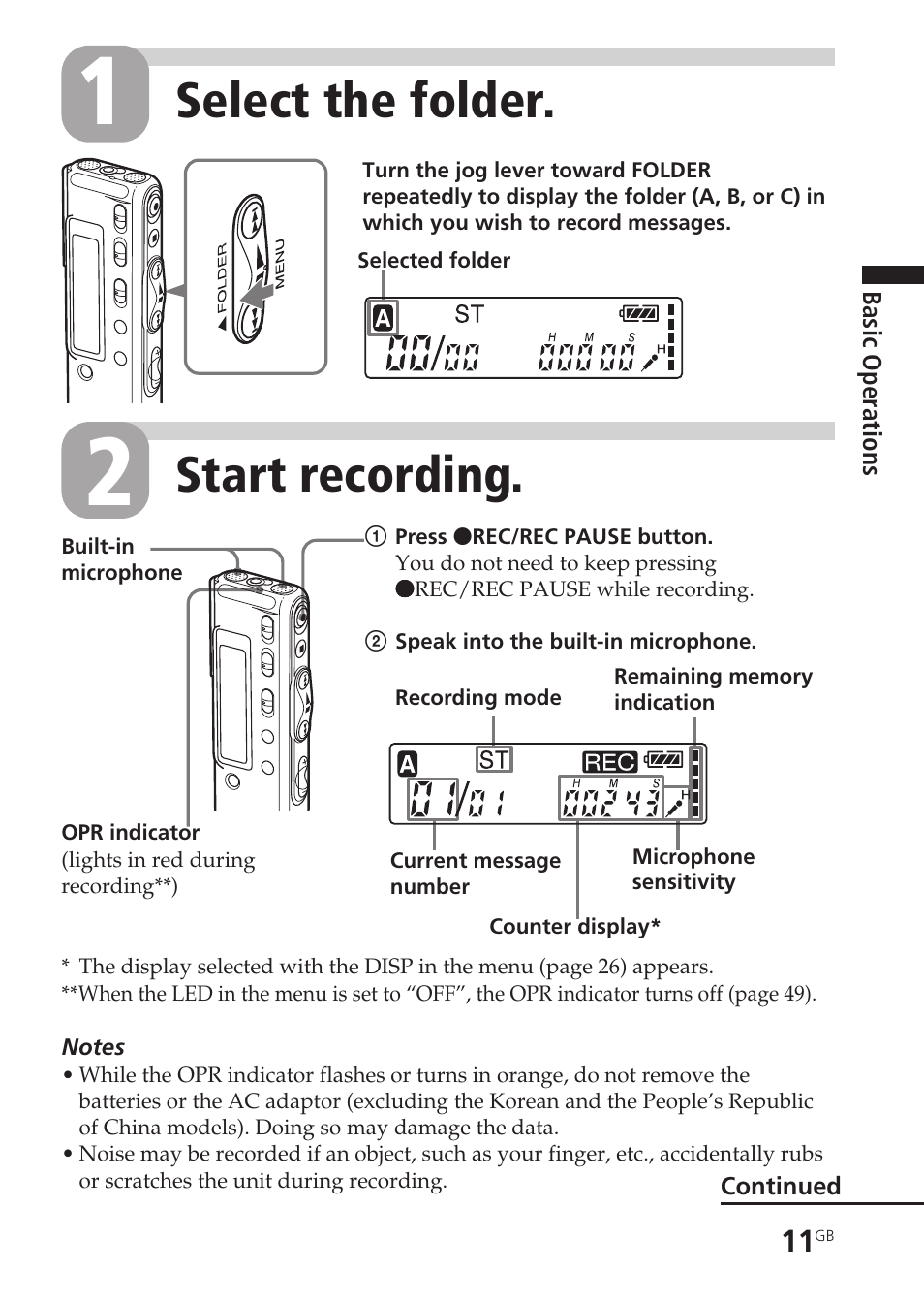 Built-in microphone, Folder, Message number | Microphone, built-in, Select the folder, Start recording | Sony ICD-SX55 User Manual | Page 11 / 68