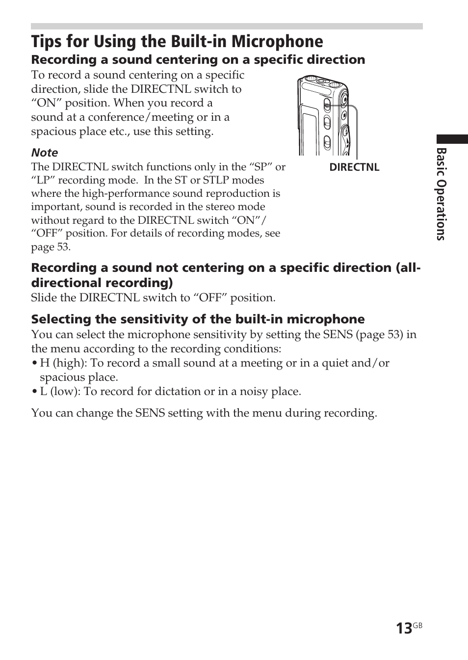 Tips for using the built-in microphone, Microphone sensitivity | Sony ICD-SX55 User Manual | Page 13 / 68