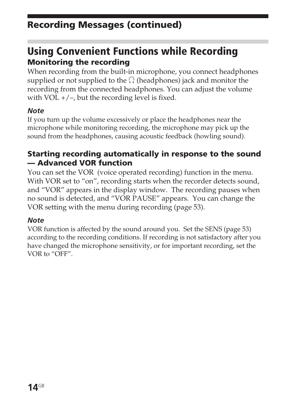 Using convenient functions while recording, Advanced vor, Monitoring recording | Recording messages (continued) | Sony ICD-SX55 User Manual | Page 14 / 68