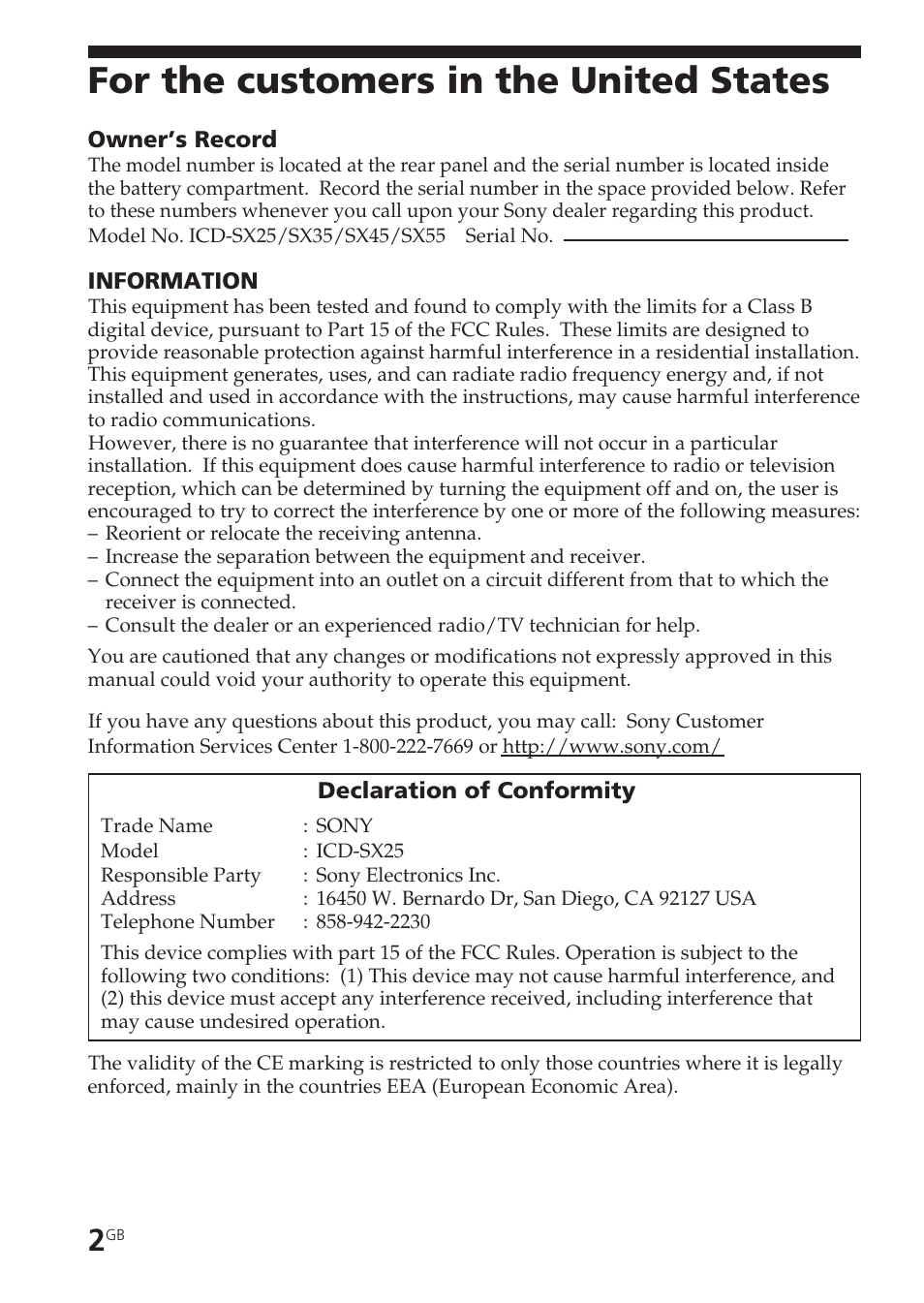 For the customers in the united states | Sony ICD-SX55 User Manual | Page 2 / 68