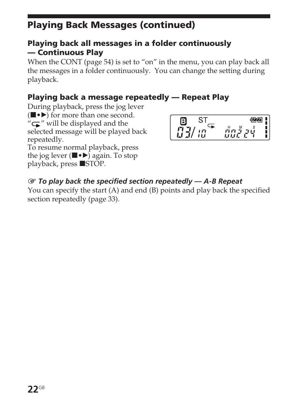 Continuous playback, Playing back continuously, Repeat play | Playing back messages (continued) | Sony ICD-SX55 User Manual | Page 22 / 68