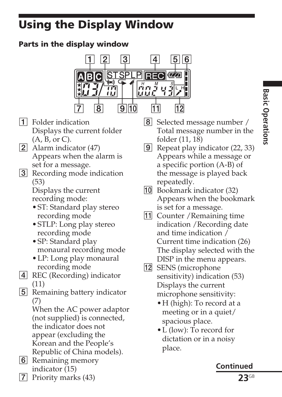 Using the display window, Display window | Sony ICD-SX55 User Manual | Page 23 / 68