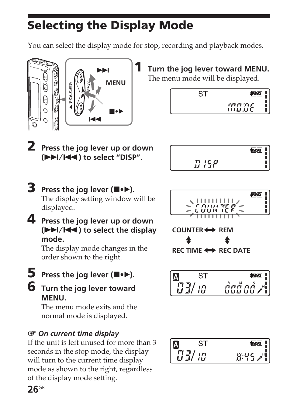 Selecting the display mode, Display mode | Sony ICD-SX55 User Manual | Page 26 / 68