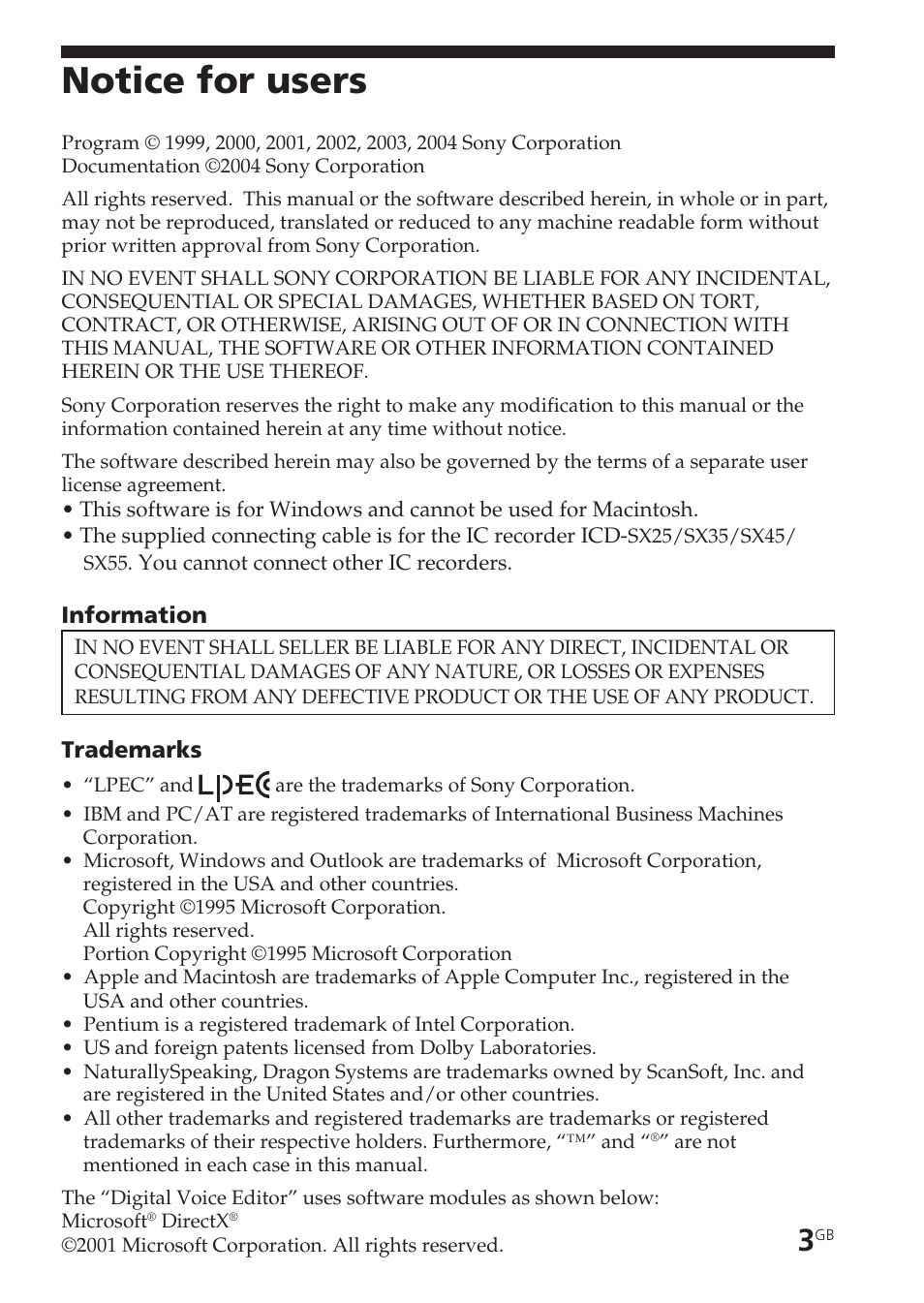 Notice for users | Sony ICD-SX55 User Manual | Page 3 / 68