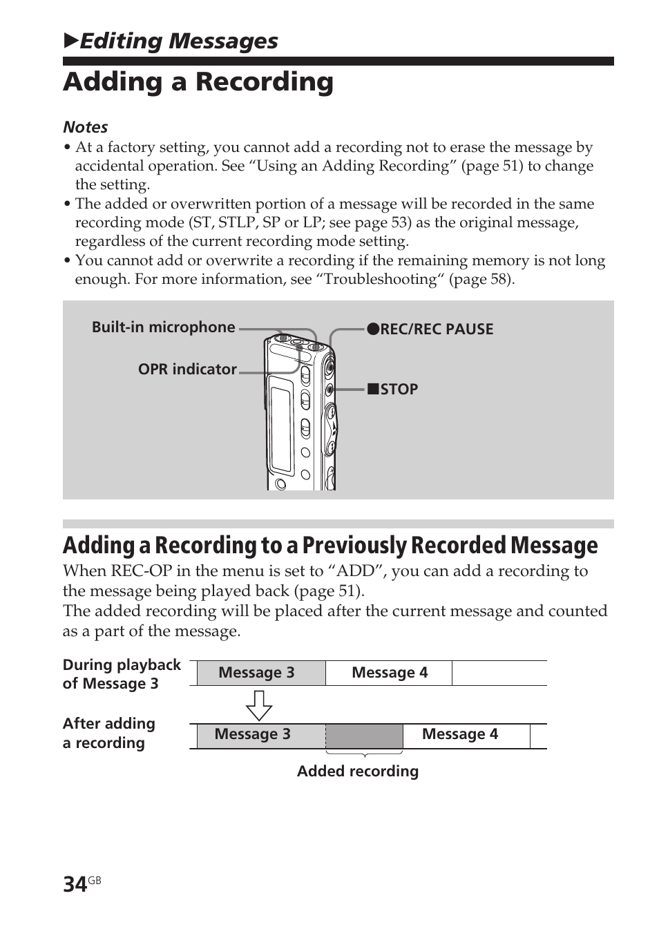 Editing messages, Adding a recording, Bediting messages | Sony ICD-SX55 User Manual | Page 34 / 68