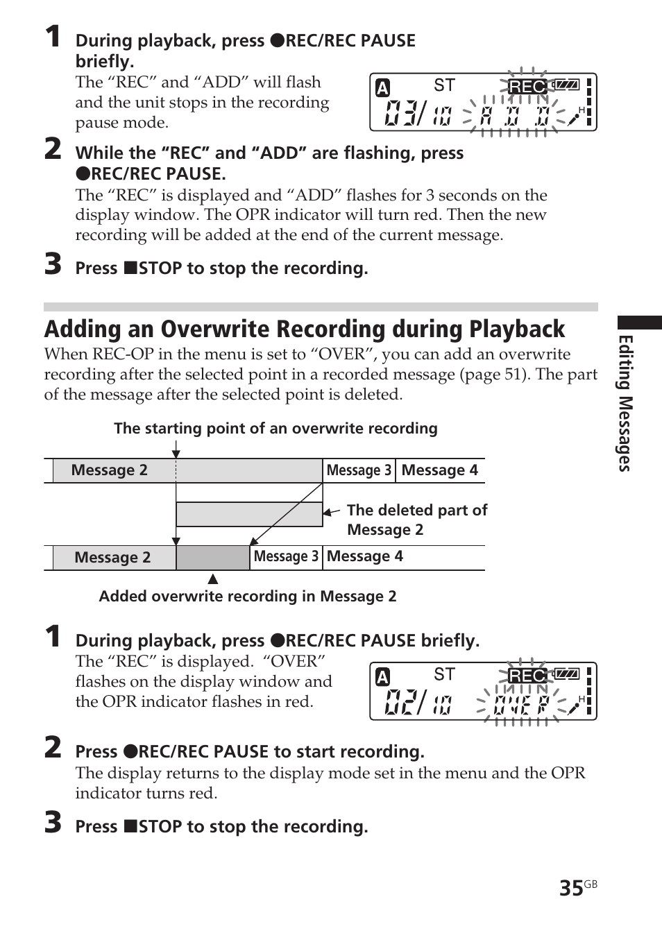 Adding an overwrite recording during playback, Overwrite recording | Sony ICD-SX55 User Manual | Page 35 / 68
