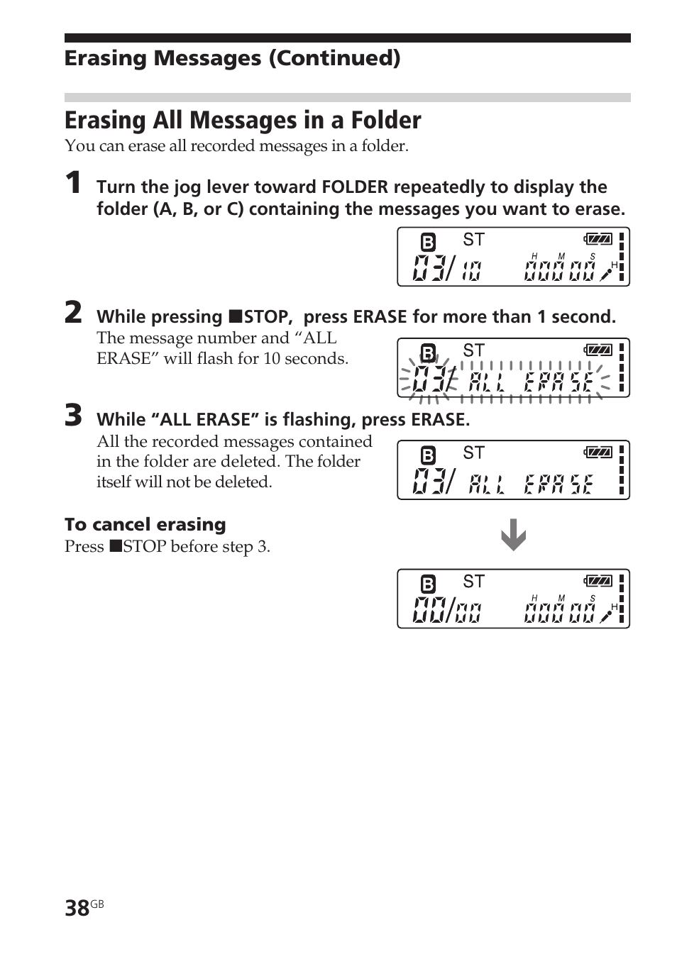 Erasing all messages in a folder | Sony ICD-SX55 User Manual | Page 38 / 68