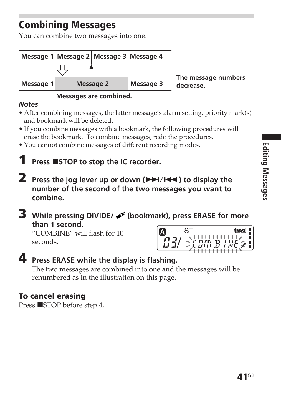 Combining messages, Combine | Sony ICD-SX55 User Manual | Page 41 / 68