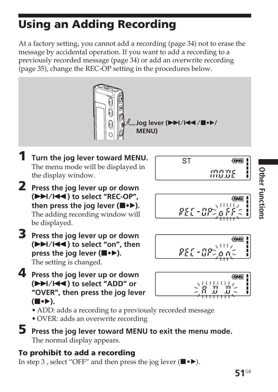 Using an adding recording | Sony ICD-SX55 User Manual | Page 51 / 68