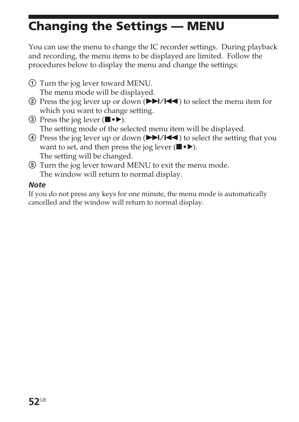Changing the settings — menu | Sony ICD-SX55 User Manual | Page 52 / 68