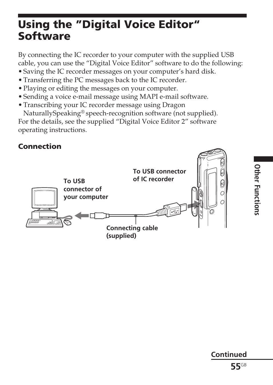 Using the ”digital voice editor“ software, Connecting, computer, Digital voice editor | Usb cable | Sony ICD-SX55 User Manual | Page 55 / 68