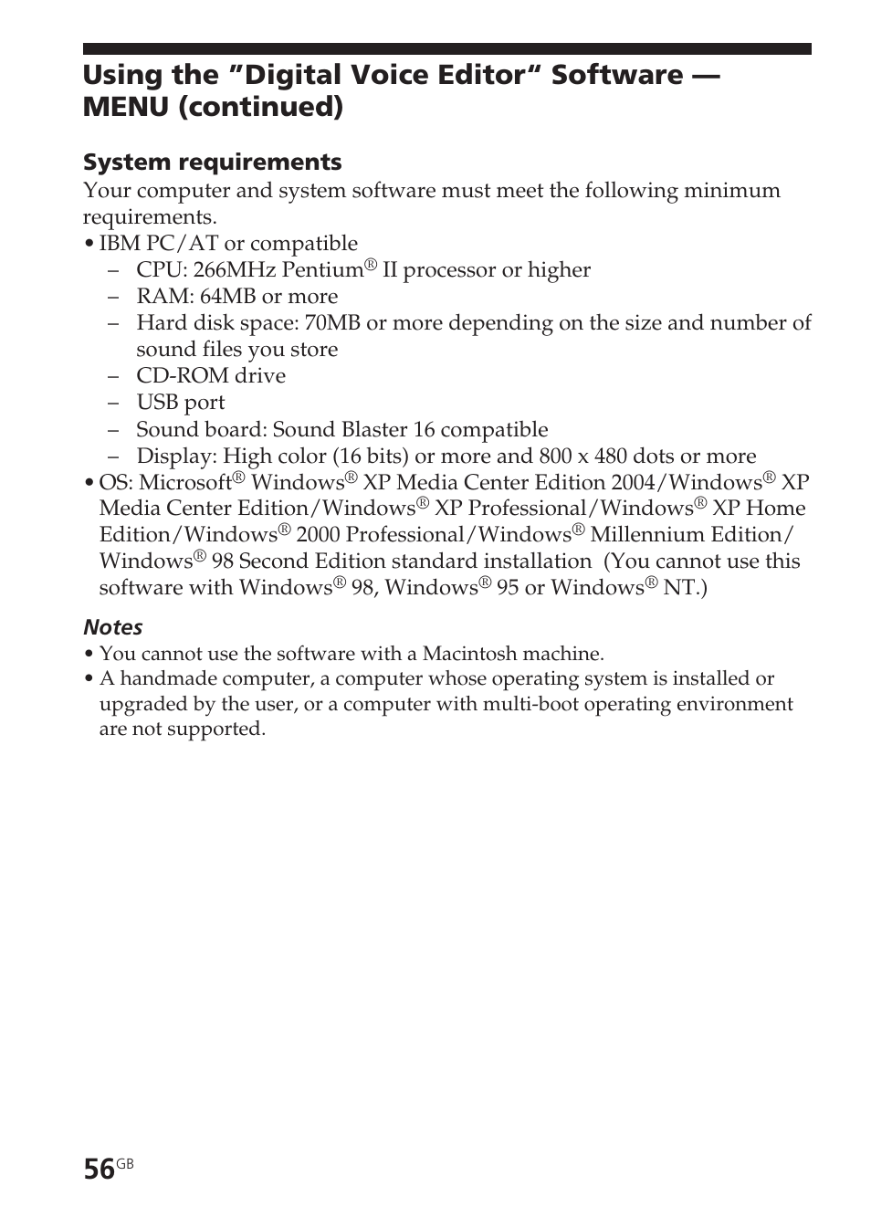 System requirements | Sony ICD-SX55 User Manual | Page 56 / 68