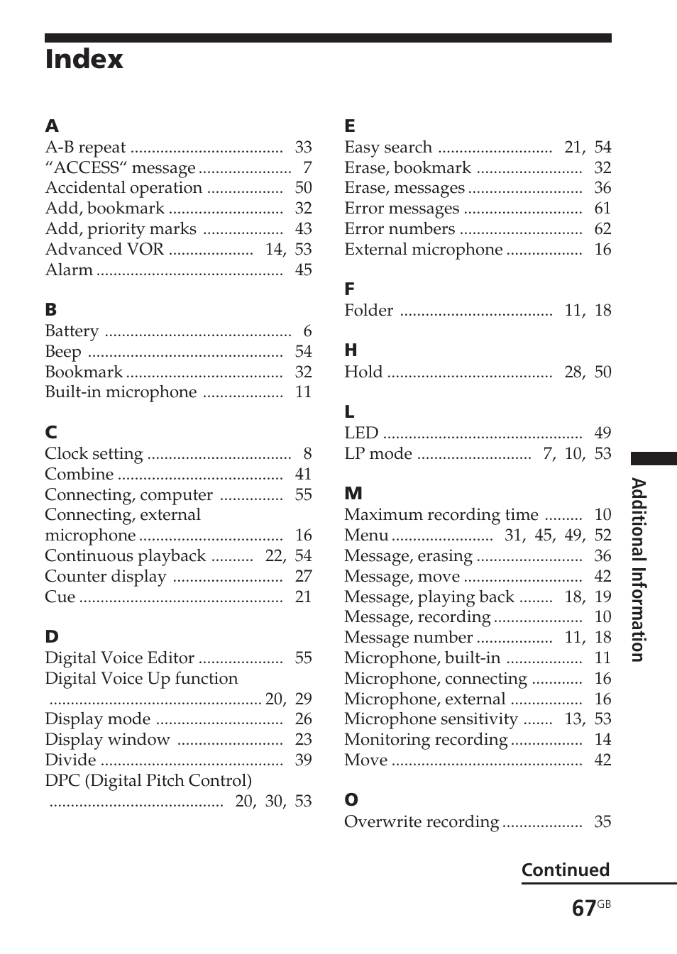 Index | Sony ICD-SX55 User Manual | Page 67 / 68