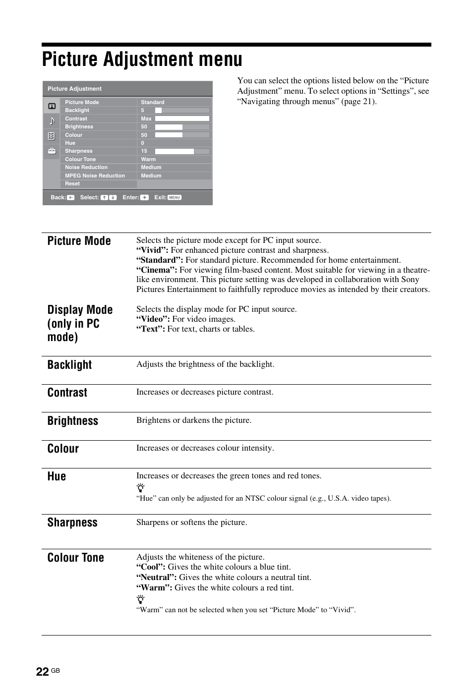 Picture adjustment menu, Picture mode display mode (only in pc mode), Backlight | Contrast, Brightness, Colour, Sharpness, Colour tone | Sony BRAVIA KDL-26L40xx User Manual | Page 22 / 40