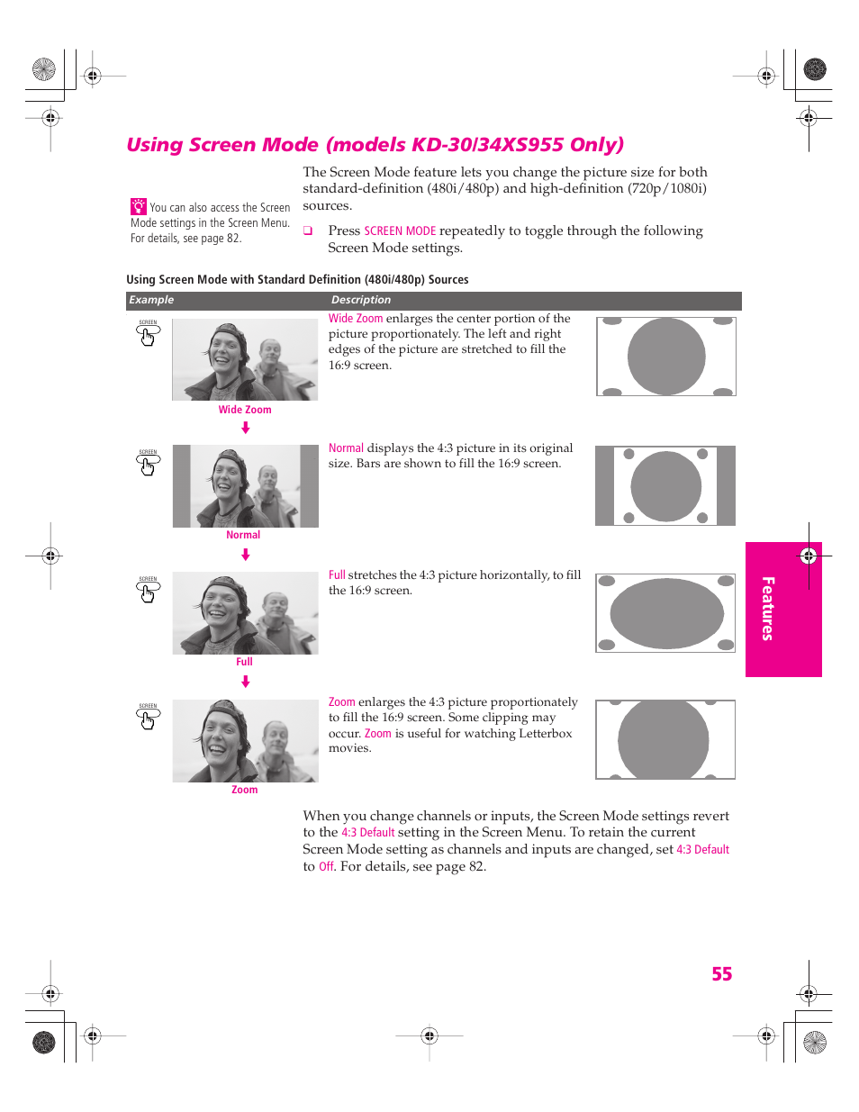 Using screen mode (models kd-30/34xs955 only) | Sony KD-30XS955 User Manual | Page 56 / 107