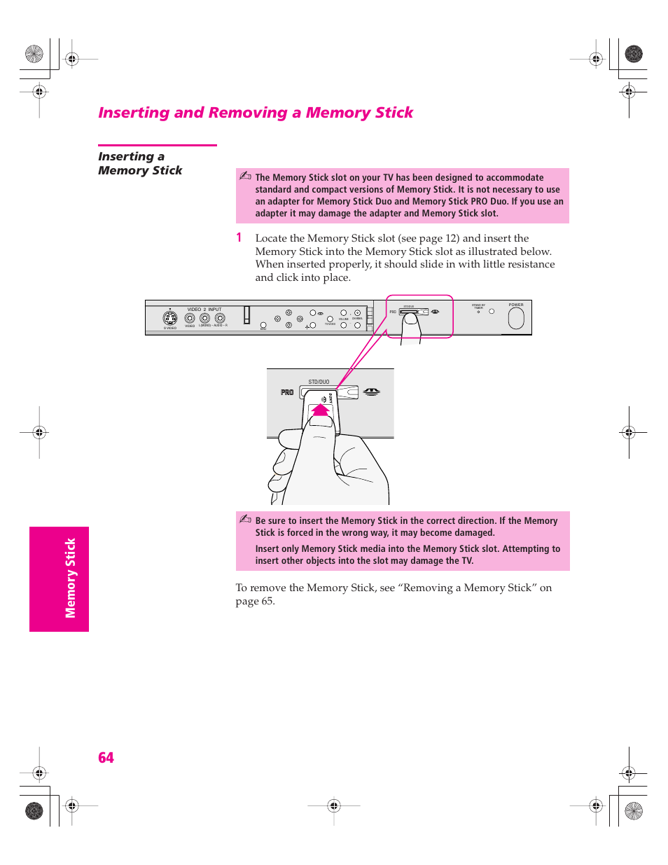 Inserting and removing a memory stick, Inserting a memory stick | Sony KD-30XS955 User Manual | Page 65 / 107