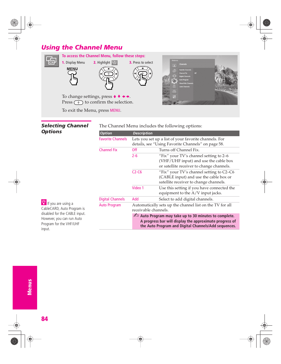 Using the channel menu, Selecting channel options | Sony KD-30XS955 User Manual | Page 85 / 107