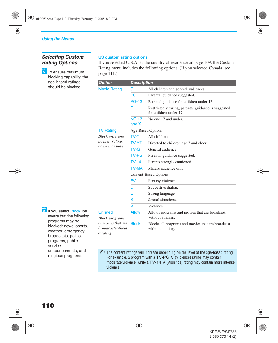 Selecting custom rating options, Viewing blocked programs | Sony GRAND WEGA 2-059-370-14(2) User Manual | Page 110 / 132
